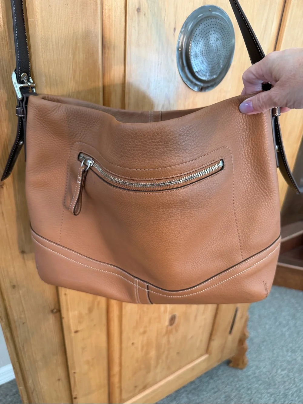 Coach Oversized Tan Leather Crossbody Tote with Brown Trim Beautiful Bag